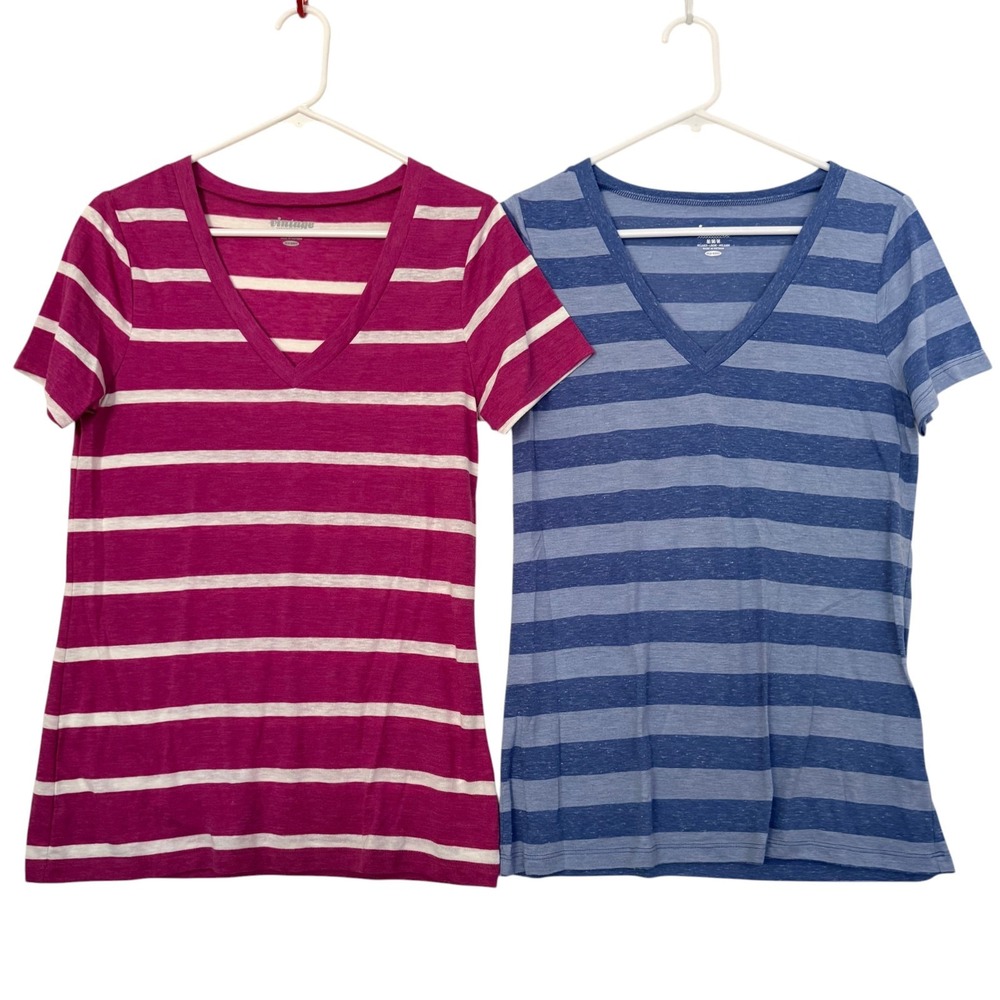 Old Navy Vintage Lot 2 Womens Short Sleeve Striped Tops M Pink Blue Work Casual